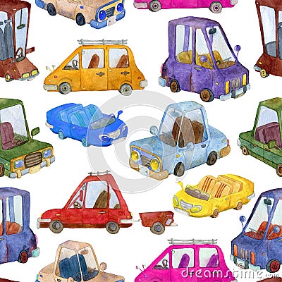 Seamless pattern with cartoon cars. Comic transportation set. Colourful transport wallpaper. Watercolor illustration Stock Photo